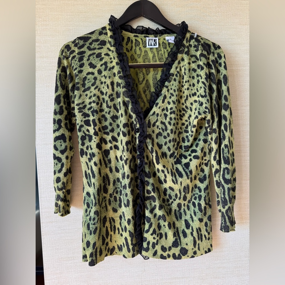 Vintage Y2K Cardigan Sweater Animal Print Funky Green Ruffle XL Leopard by WR